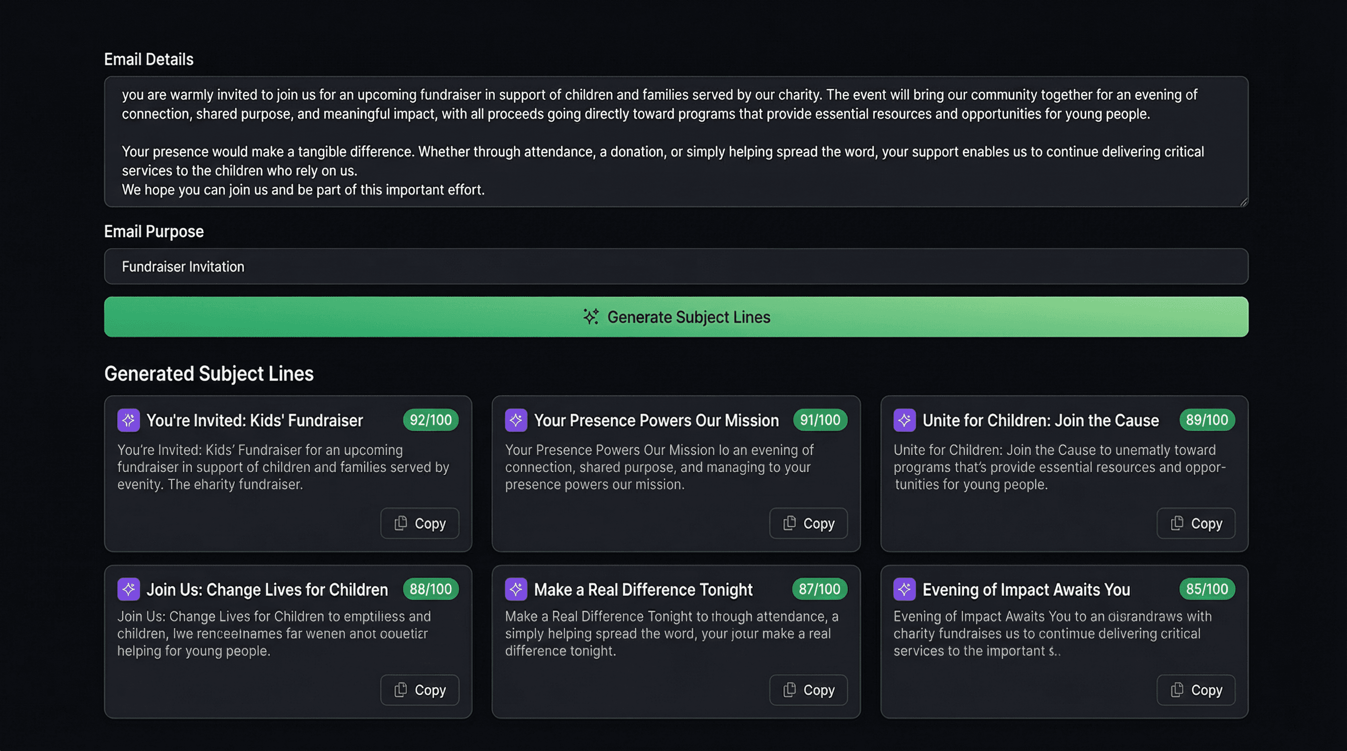 Screenshot of Sibl email subject tester interface showing five generated subject lines ranked by predicted open rate percentage, with green spam-safe badges and a bar chart comparing estimated performance of each variation